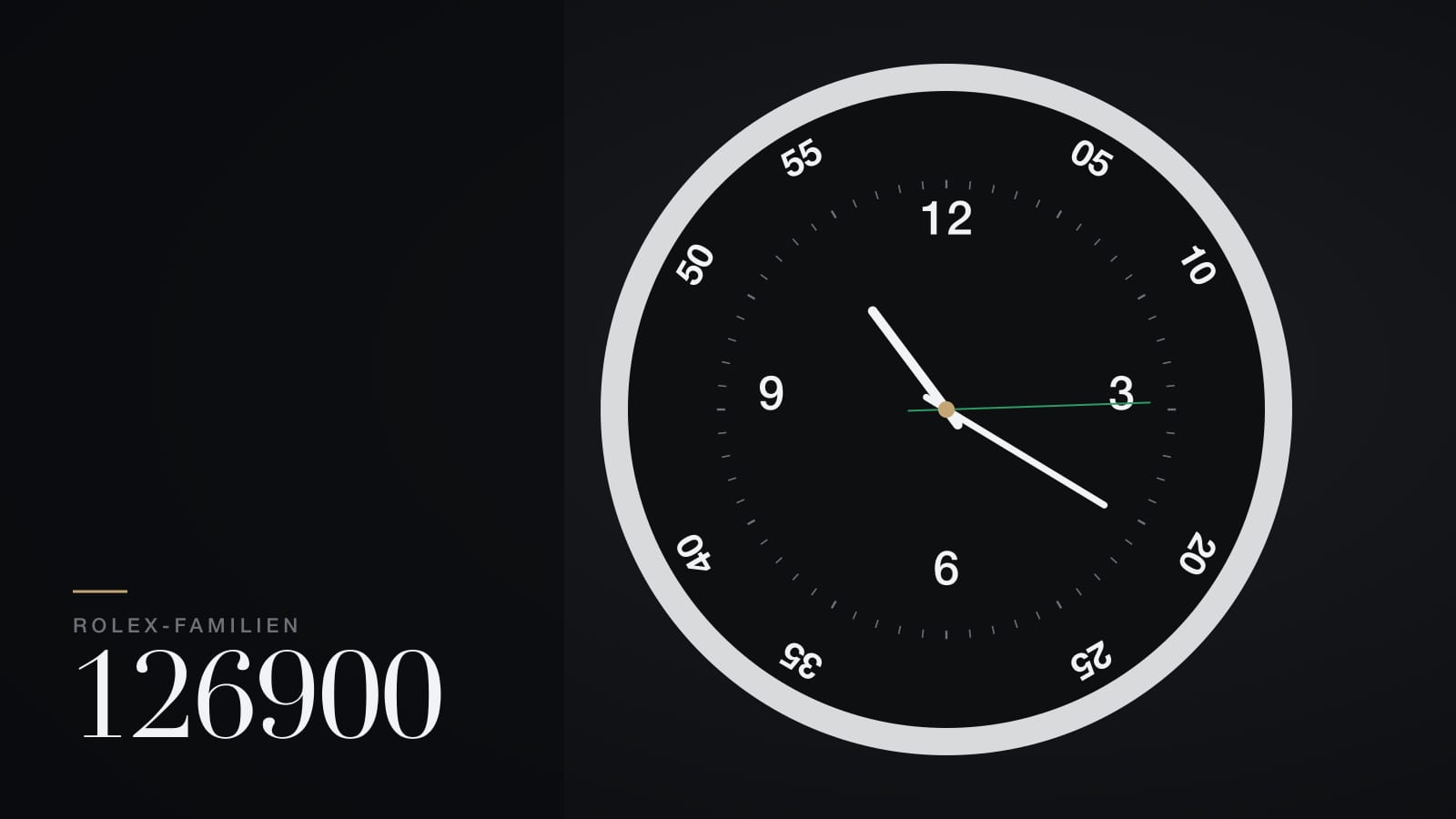 Illustration zur Rolex Air-King 126900: schwarzes Zifferblatt mit großen Minutenziffern und grünem Sekundenzeiger