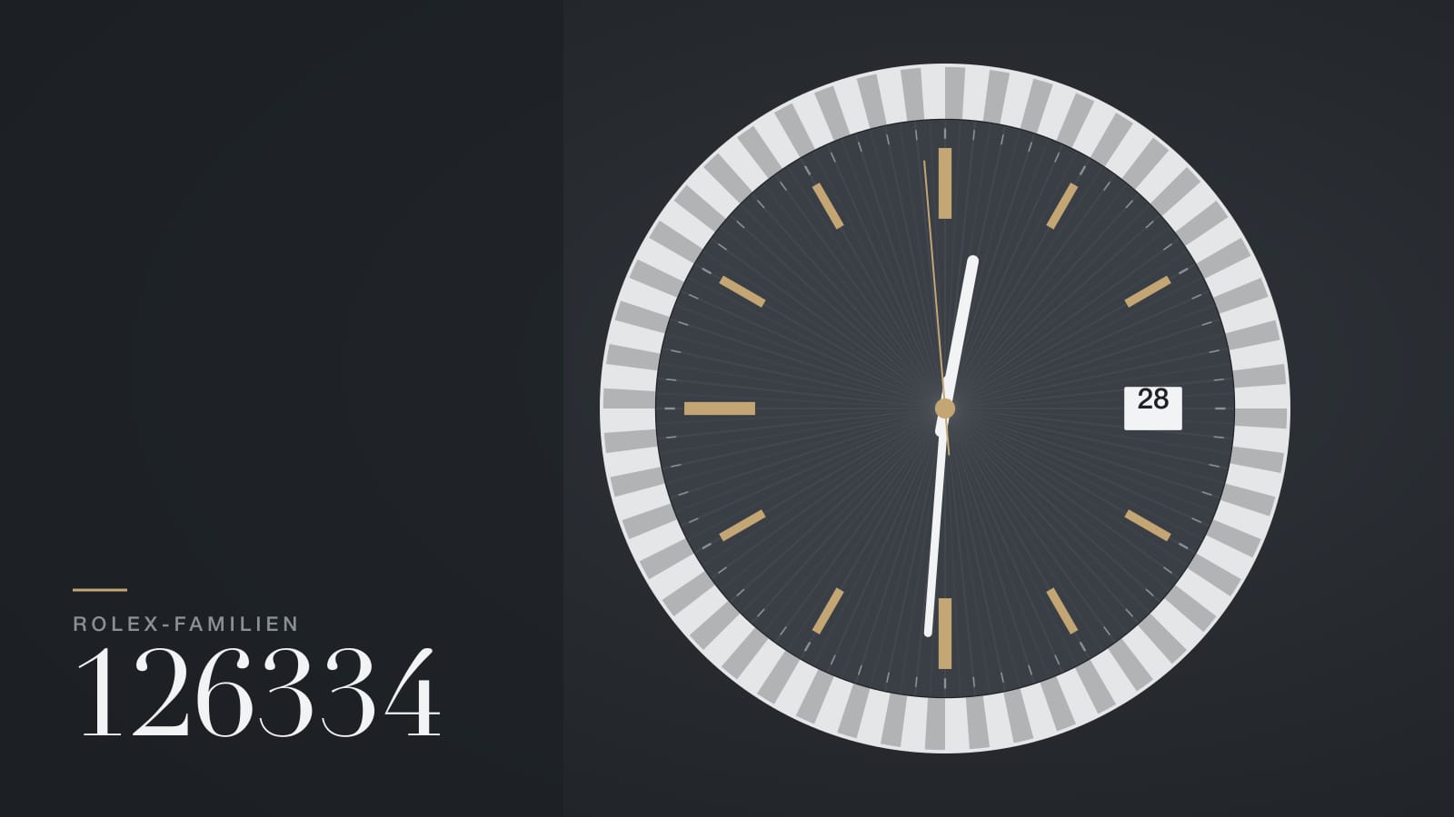 Illustration zur Rolex Datejust 41 126334: geriffelte Lünette in Weißgold um ein graues Zifferblatt mit Datum