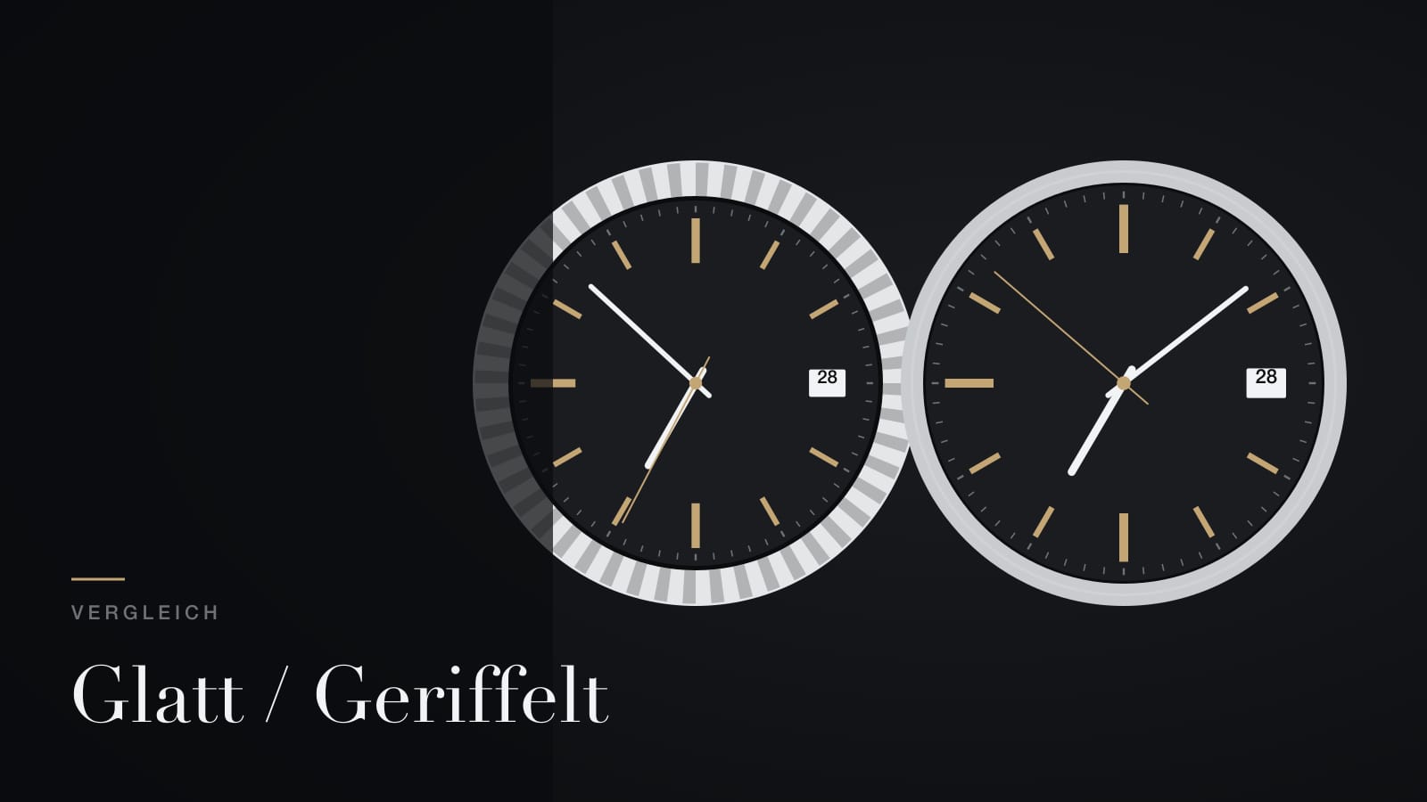 Illustration zum Vergleich Rolex Datejust: links ein Zifferblatt mit geriffelter Lünette, rechts eines mit glatter Lünette