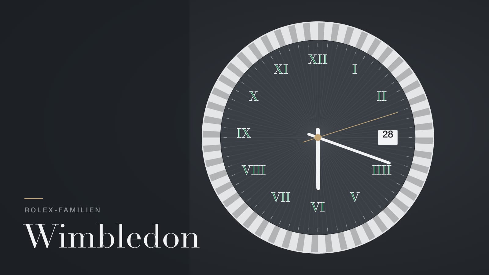 Illustration zur Rolex Datejust Wimbledon: schiefergraues Zifferblatt mit grünen römischen Ziffern und geriffelter Lünette