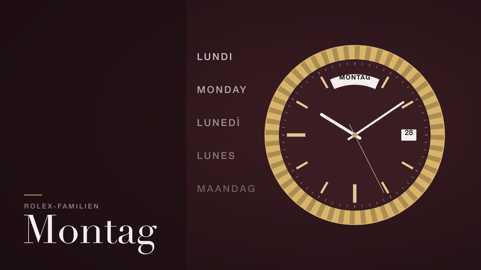 Illustration zur Rolex Day-Date: Wochentagsfenster mit MONTAG und der Wochentag in weiteren Sprachen daneben