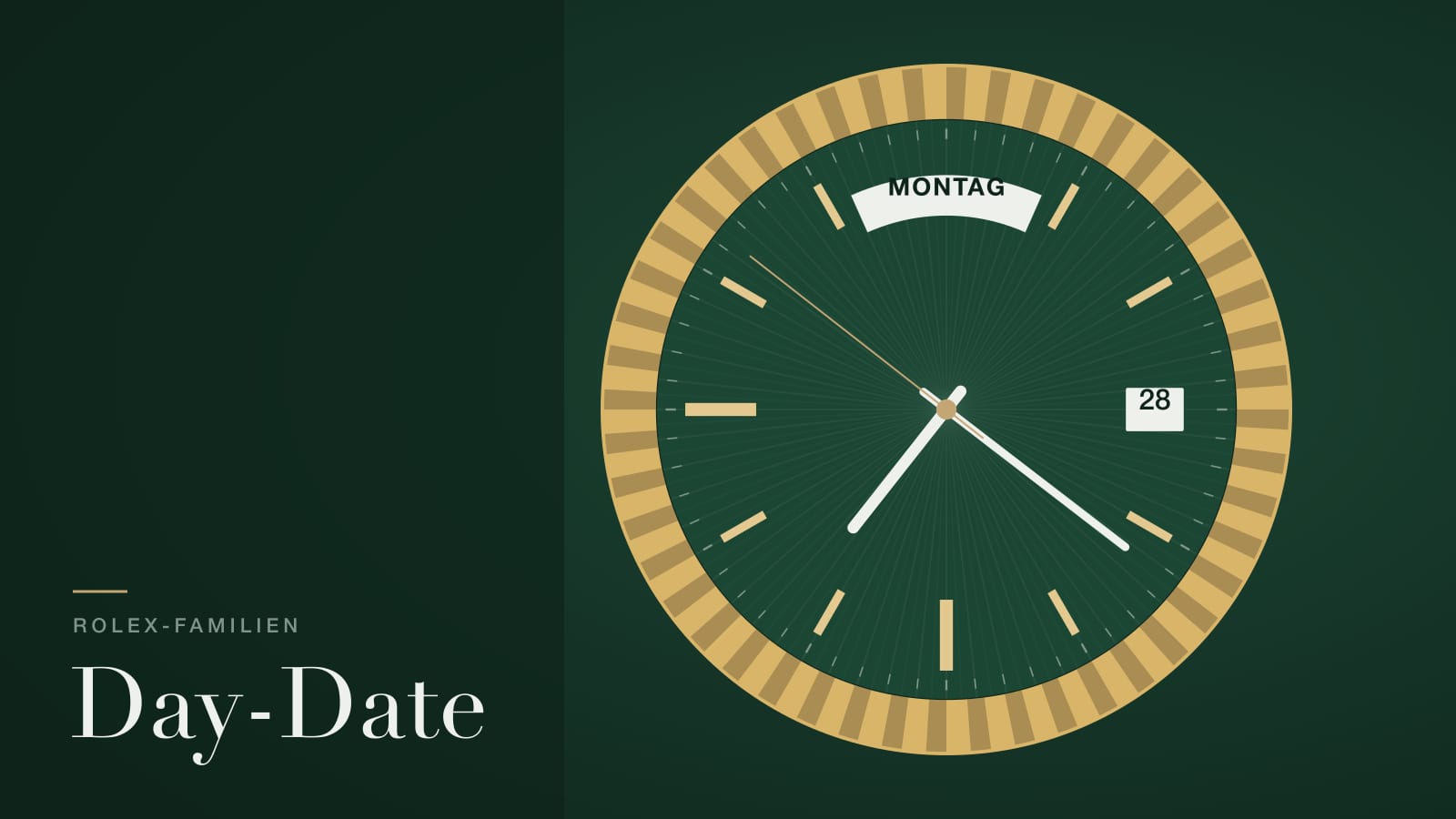 Illustration zur Rolex Day-Date: grünes Zifferblatt mit Wochentagsfenster bei zwölf Uhr und goldener geriffelter Lünette