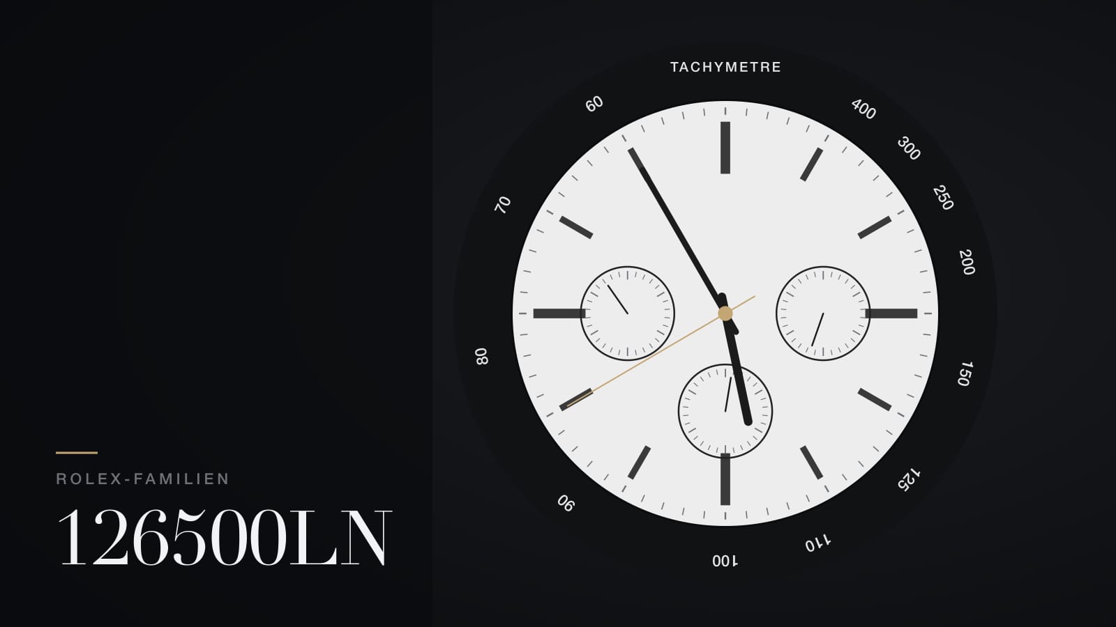 Illustration zur Rolex Cosmograph Daytona 126500LN: weißes Zifferblatt mit drei Hilfszifferblättern und Tachymeterlünette