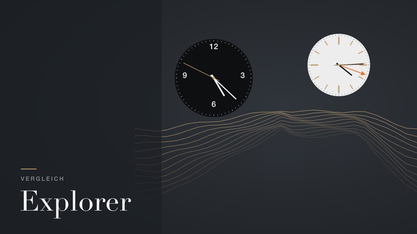 Illustration zur Rolex Explorer und Explorer II: Höhenlinien eines Gebirges mit einem schwarzen und einem weißen Zifferblatt