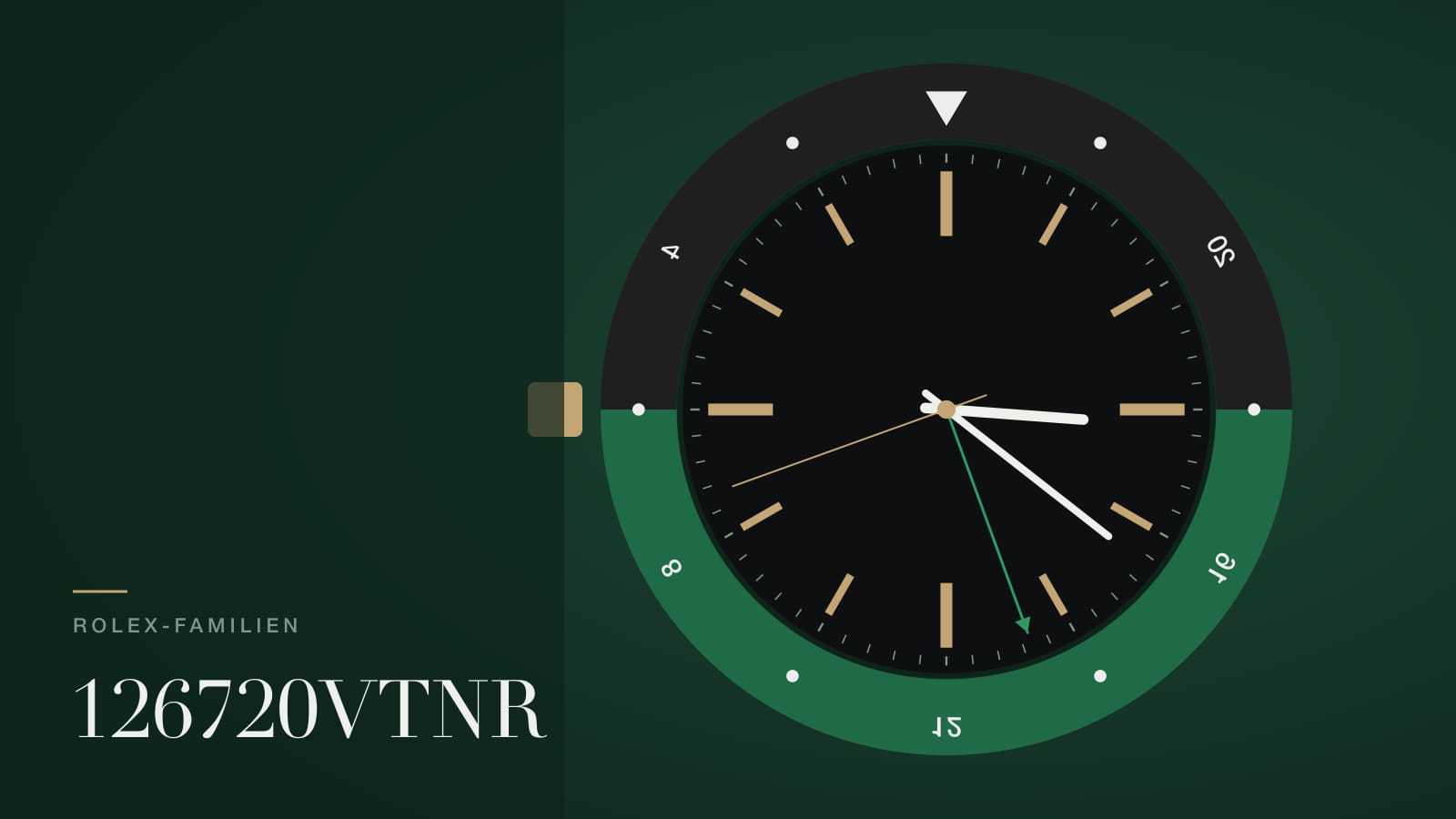 Illustration zur Rolex GMT-Master II 126720VTNR: gespiegeltes Zifferblatt mit Krone links und grün-schwarzer Lünette