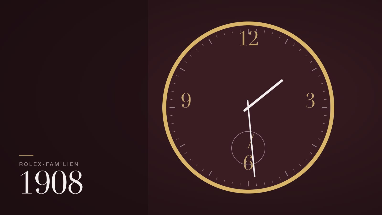 Illustration zur Rolex Perpetual 1908: schlankes Zifferblatt mit arabischen Ziffern und kleiner Sekunde in einer Goldlünette