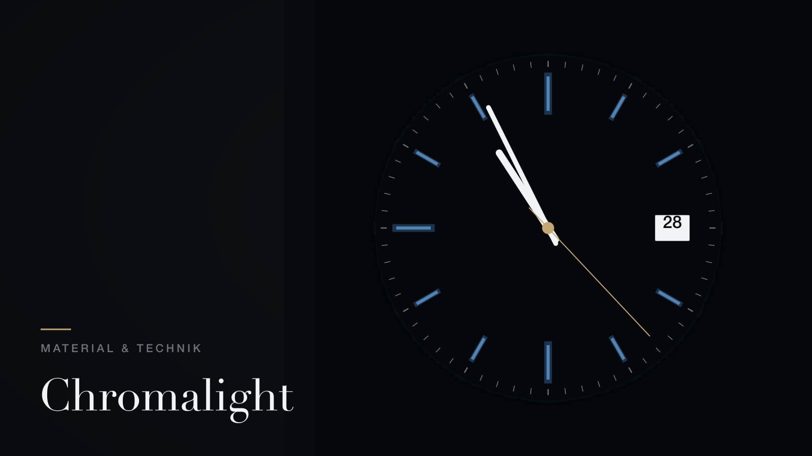 Illustration: Zifferblatt einer Taucheruhr im Dunkeln mit blau leuchtenden Indizes und Zeigern