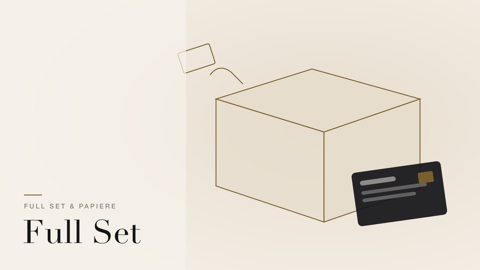 Illustration: Uhrenbox mit Garantiekarte und Anhänger als Sinnbild für ein Rolex Full Set