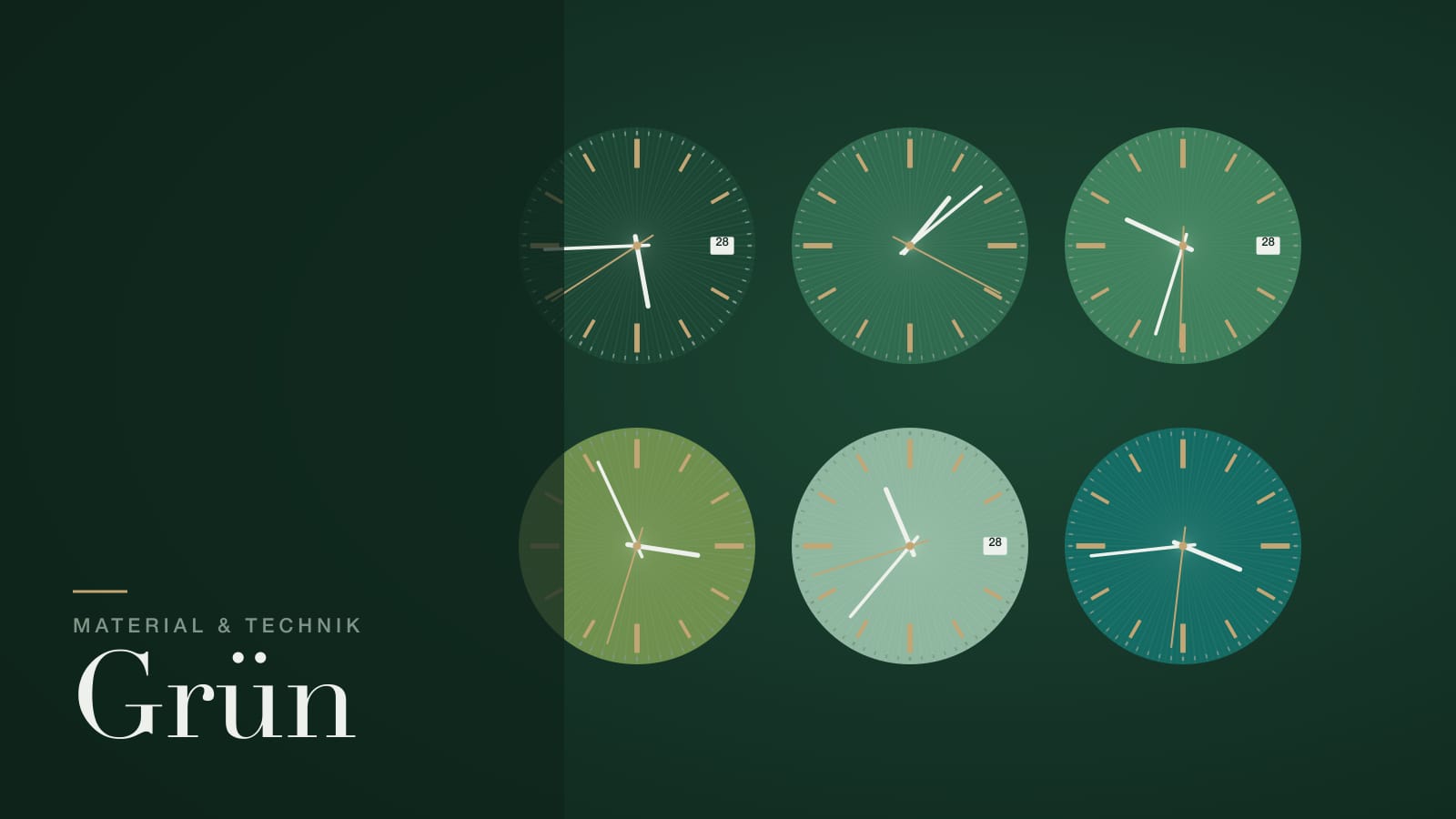 Illustration: sechs Zifferblätter in verschiedenen Grüntönen als Überblick über grüne Rolex-Zifferblätter