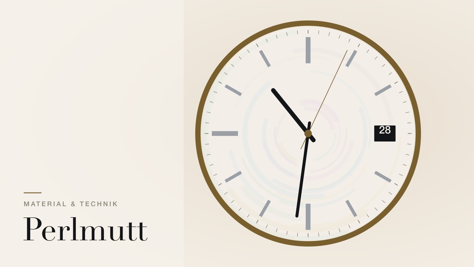 Illustration: schimmerndes Perlmutt-Zifferblatt mit Indizes und Datum in einer goldenen Einfassung