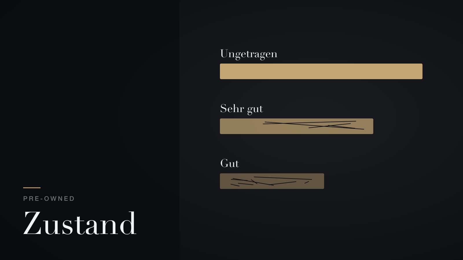 Illustration: drei Balken für die Zustandsnoten ungetragen, sehr gut und gut bei einer Rolex aus Vorbesitz