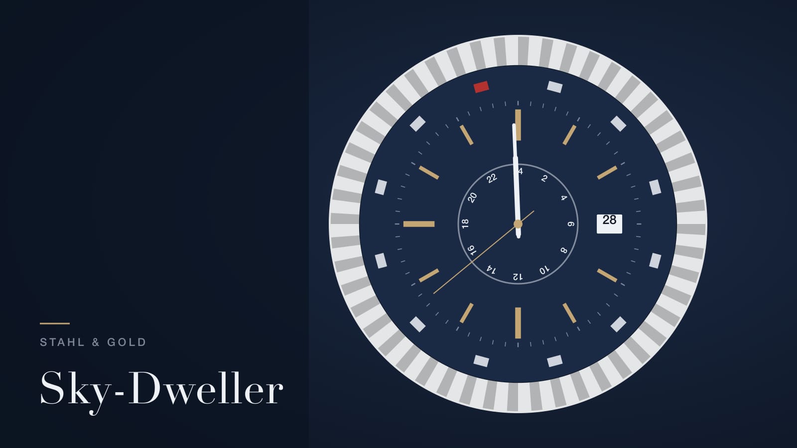 Illustration zur Rolex Sky-Dweller: geriffelte Lünette mit zwölf Monatsfenstern am Zifferblattrand und 24-Stunden-Scheibe