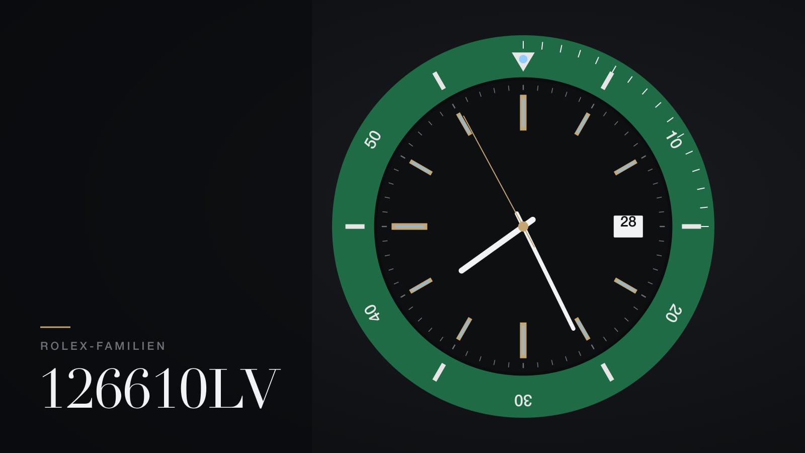 Illustration zur Rolex Submariner 126610LV: grüne Tauchlünette um ein schwarzes Zifferblatt mit Datum