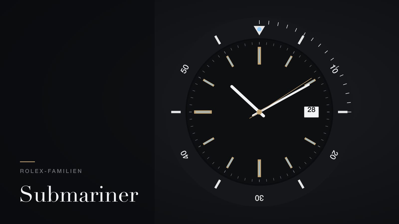 Illustration zur Rolex Submariner: schwarze Tauchlünette mit 60-Minuten-Skala und Zifferblatt mit Datumsfenster