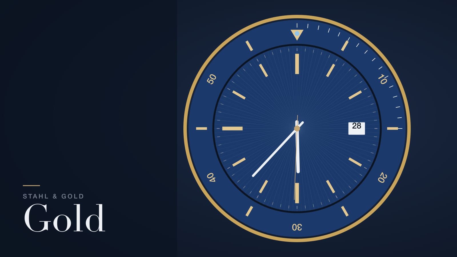 Illustration zur Rolex Submariner in Gold: blaue Tauchlünette mit goldenen Ziffern und blauem Zifferblatt
